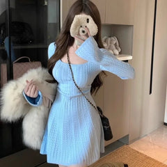 Hnewly  Knitted Women Dresses Solid Autumn Winter A-line Chic Mini Dress Korean Fashion Elegant Versatile Vestidos Mujer