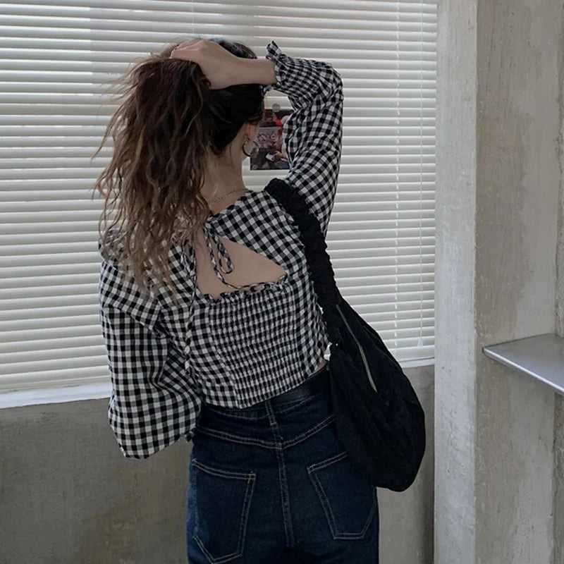Hnewly Long Sleeve Blouse Women Sexy Ladies Sweet Square Collar Plaid New Design Korean Fashion Slim Casual Edible Tree Fungus Hot Sale