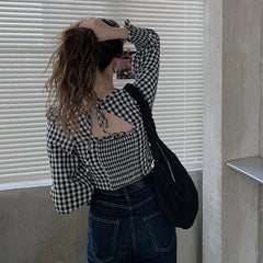 Hnewly Long Sleeve Blouse Women Sexy Ladies Sweet Square Collar Plaid New Design Korean Fashion Slim Casual Edible Tree Fungus Hot Sale