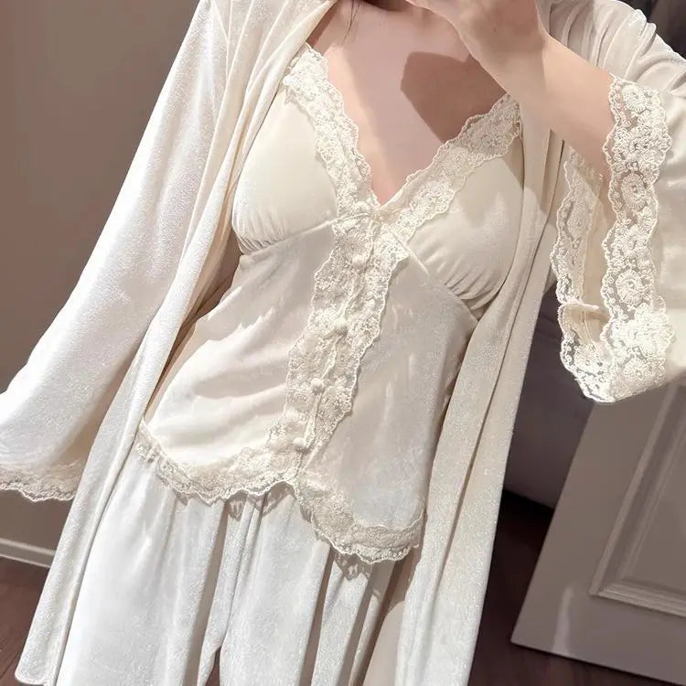 Hnewly  Autumn Winter Velvet Sleepwear Women's Strap Long Pants Three-piece Set Sexy Solid Color with Chest Pad Home Clothes