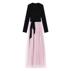 Hnewly  Mesh Dresses for Women Patchwork Autumn Winter A-line Birthday Party Long Dress Korean Fashion Vestidos Mujer