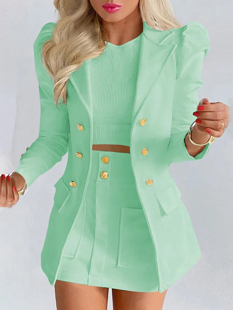 Hnewly Spring Autumn New Printed Suit Set Short Skirt Women's Temperament Slim Tops Coat + Half Mini Skirt Female Office Suit Sets Kirt