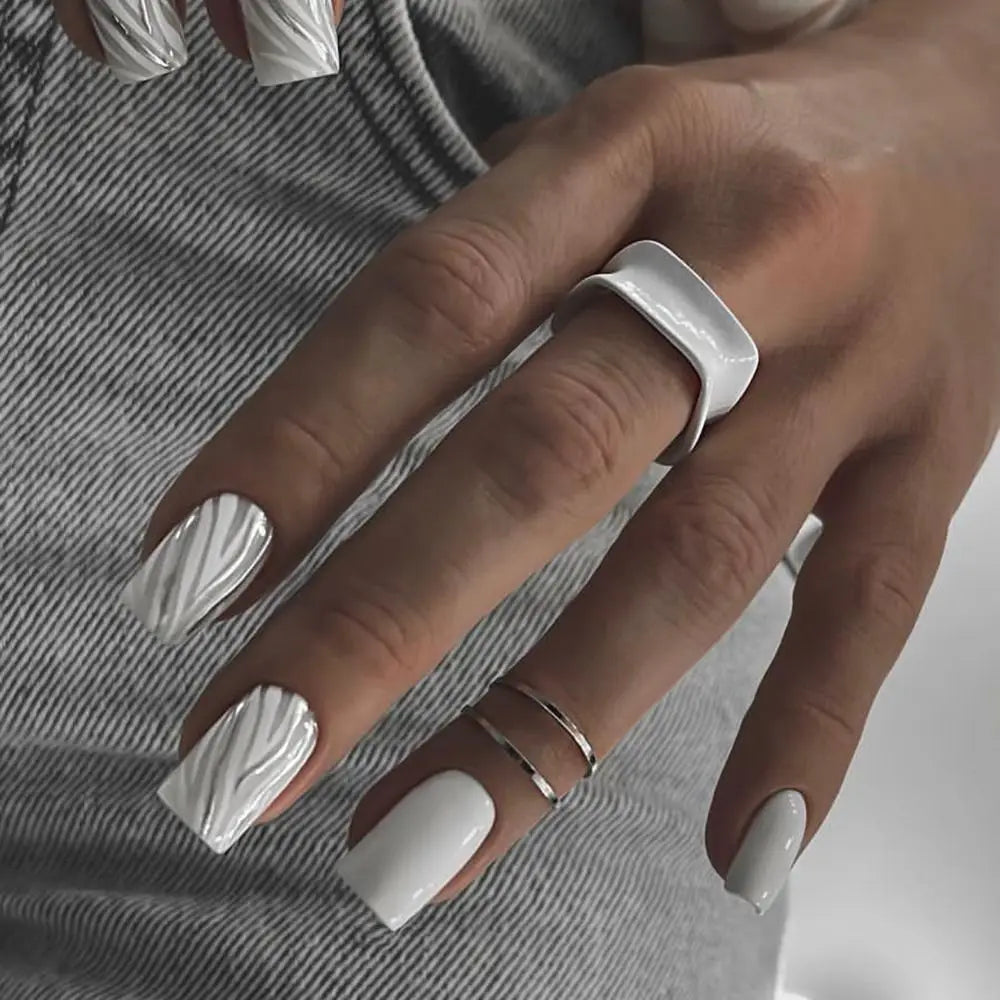 Hnewly 24PCS Short Square False Nails French White Edge Fake Nials Silver Flame Full Cover Press On Nails Detachable Ballerina Nail Tip