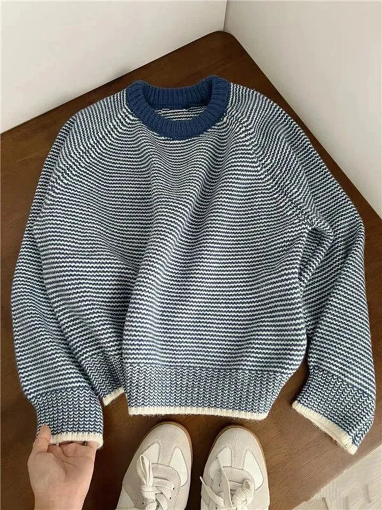 Hnewly Blue Striped Sweater for Women Y2K Autumn Winter Loose Lazy Style Patchwork Pullover Female Korean O Neck All Match Jumpers New