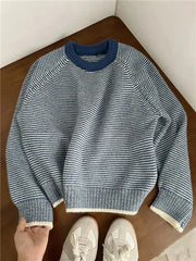 Hnewly Blue Striped Sweater for Women Y2K Autumn Winter Loose Lazy Style Patchwork Pullover Female Korean O Neck All Match Jumpers New