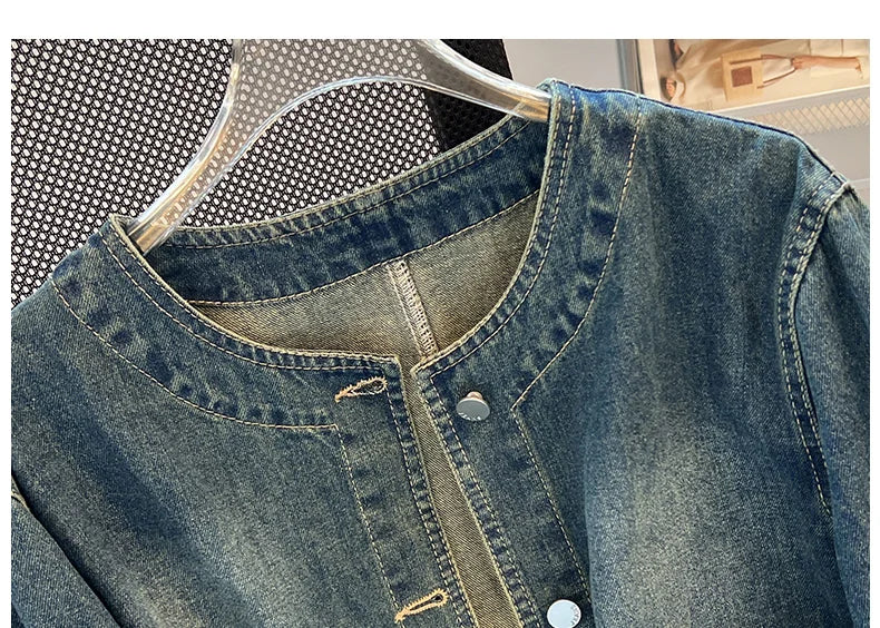Hnewly  Light Blue Retro Denim Jacket Women's Spring Single Breasted Loose Cardigan Short Top Autumn O-Neck Long Sleeve All-Matched Top