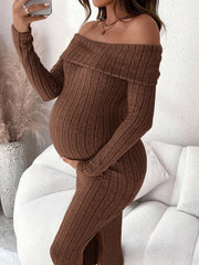 Hnewly  Fashion Maternity Photography Dress Off Shoulder Knit Bodycon Gown Outdoor Pregnancy Photo Shoot Outfit Maternity Photo Prop