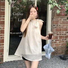 Hnewly  Bow Halter Lace Up Blouses Women Polka Dot Korean Tender Princess Style Sleeveless Tops Summer New Design Students Sweet Girls