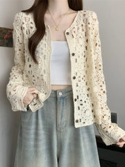 Hnewly  Crochet Cardigan for Women Sheer Openwork Knitted Top Button Down Openknit Blouse Boho Chic Vacation Outfit