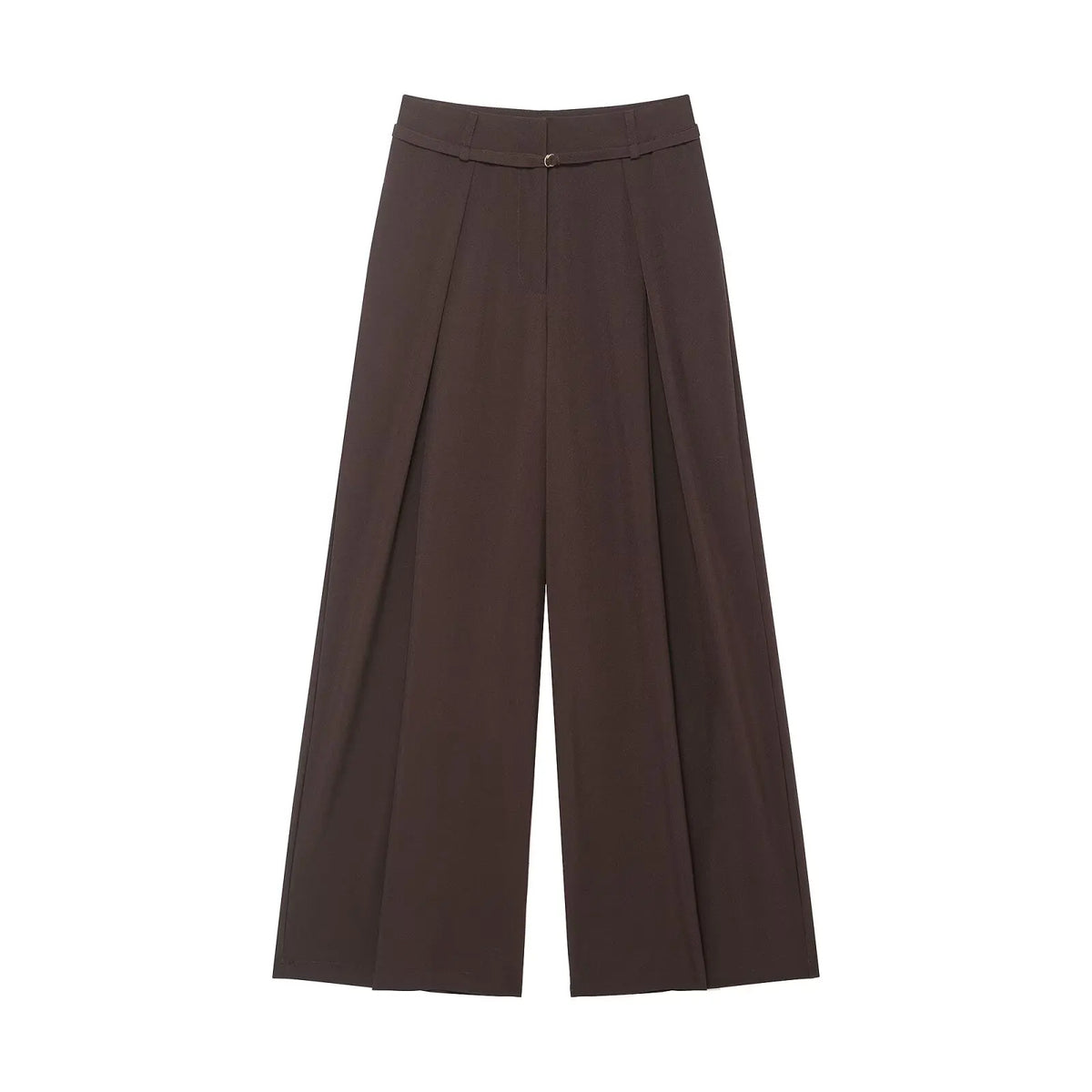 Hnewly  New Women's Casual Fashionable Simple Thin Waist Belt Loose Pleated Wide Leg Trousers High Waist Brown Pants