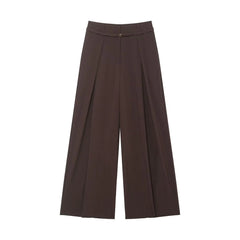 Hnewly  New Women's Casual Fashionable Simple Thin Waist Belt Loose Pleated Wide Leg Trousers High Waist Brown Pants