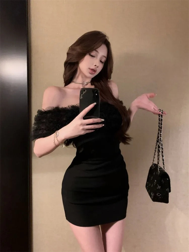 Hnewly  Woman Dress Sexy Slash Neck Off Shoulder Patchwork Slim Backless Summer Fashion Party Mini Dresses Female Casual