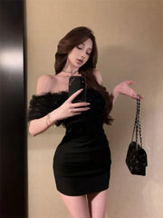 Hnewly  Woman Dress Sexy Slash Neck Off Shoulder Patchwork Slim Backless Summer Fashion Party Mini Dresses Female Casual
