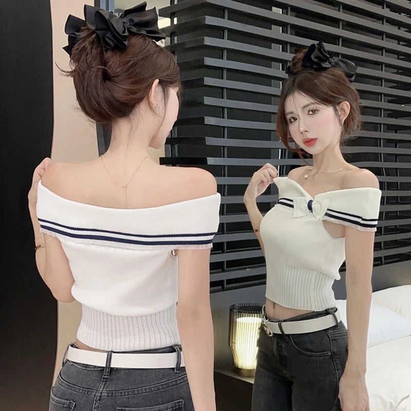 Hnewly Korean Bow Knit Knitted Short Sleeve Women Korean Fashion Stripe One Shoulder Female Tops Sexy Slim Crop Top 2000S Aesthetic