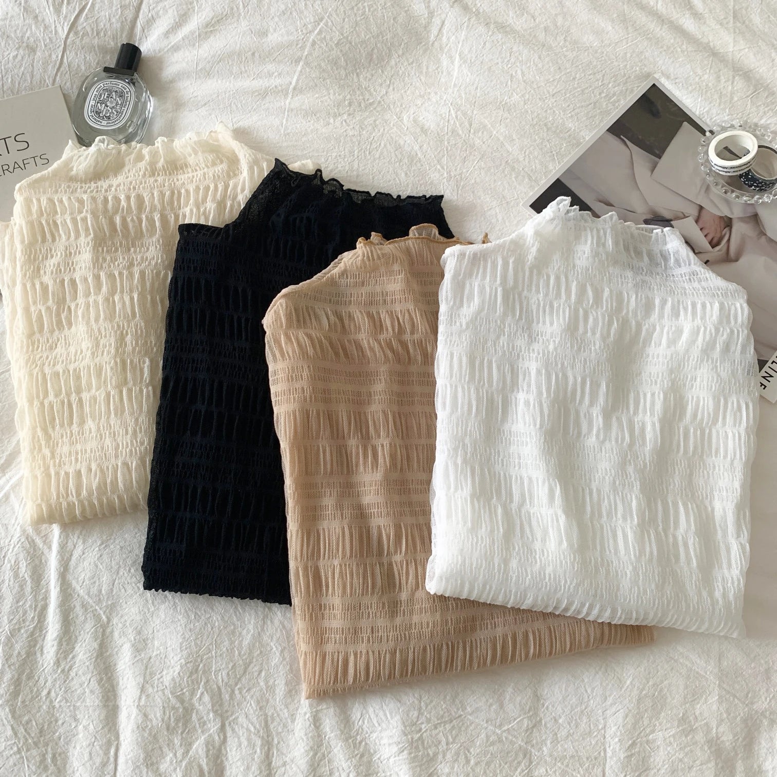 Hnewly Women T-Shirts Vintage Pleat Long SleeveTop Spring Autumn Mesh Fabric Lace Half Turtleneck Korean Fashion All-match Shirt