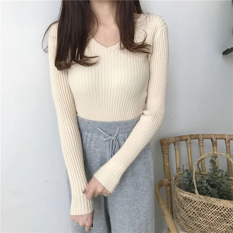 Hnewly  Rib-knit Long Sleeve Top for Women Soft Stretchy V-neck Fitted Knit Top Sweater Pullover Ladies Autumn Winter Layering Outfit