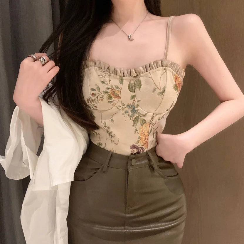 Hnewly  Women's Spring Vest Retro Jacquard Short Slim Bodysuit