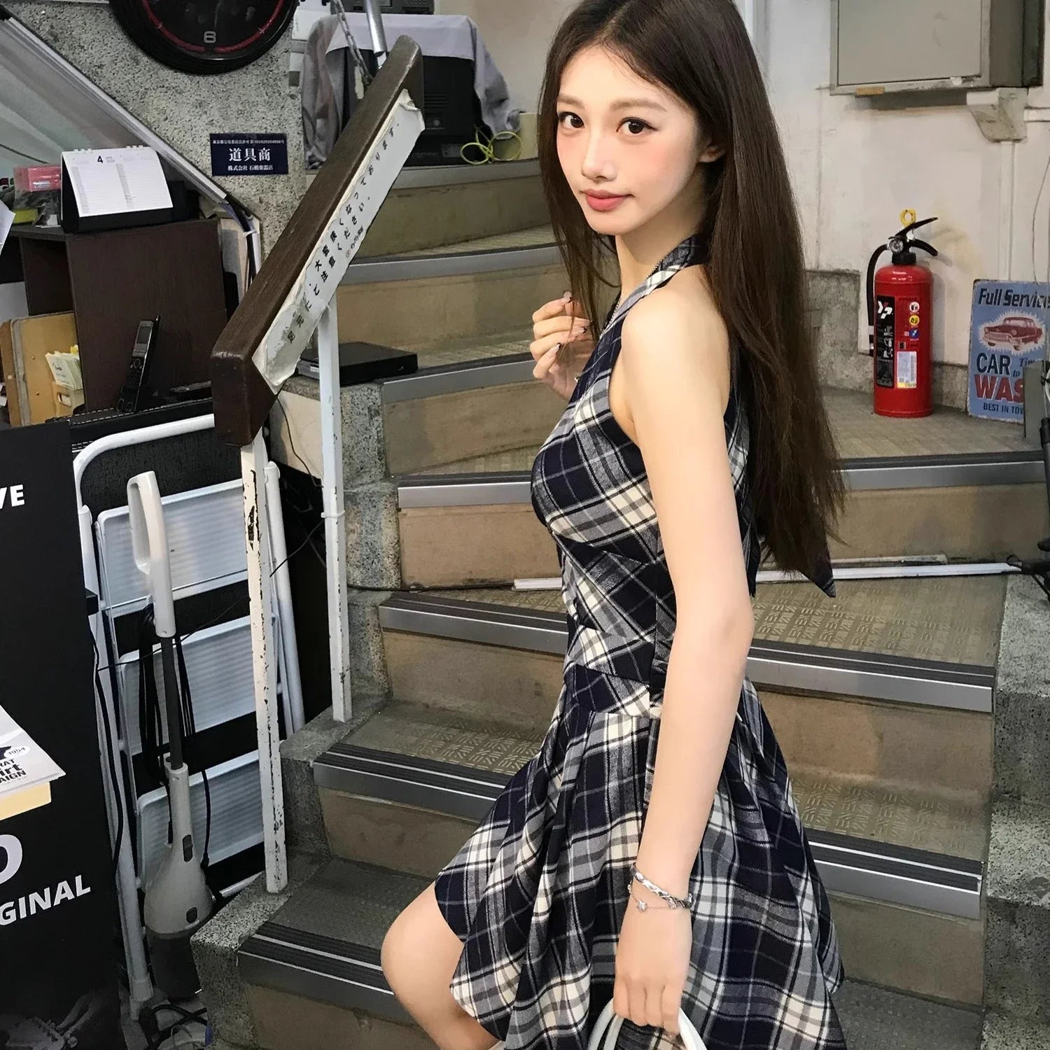 Hnewly V-neck Plaid Mini Dress Women Vintage Streetwear Summer A-line Pleated Vestidos New Design Flattering Waist Harajuku Fashion