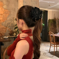 Hnewly  1 Pc New Year Red Velvet Floral Banana Clip, Stunning Atmosphere Hair Accessory, New Arrival Back-of-Head Claw Clip for Updo