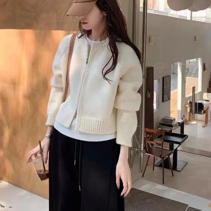 Hnewly Korean Women Knitted Sweater Autumn Winter Chic Loose Long Sleeve Cardigan Tops Simple Solid Color Sweater Jacket