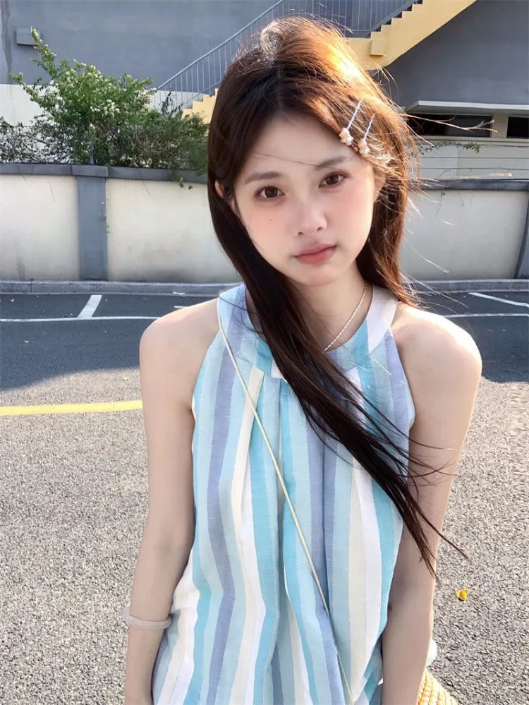 Hnewly  Woman Camis Striped Summer Fashion 2025 Sweet O Neck French Style Chic Loose Tank Tops Female Casual Sleeveless Top