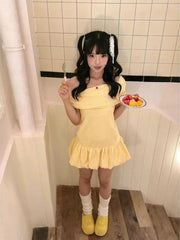 Hnewly  Sweet Elegant Bodycon Mini Dresses Women Off Shoulder Korean Style Butter Yellow Plaid Ruffles Dresses Y2k Harajuku