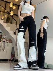 Hnewly  Trend Street Black White Denim Pants Women Y2k E-Girl High Waist Irregular Trousers Summer Loose Straight Wide Leg  Jeans