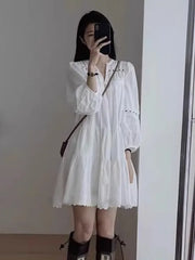 Hnewly  New Ethnic Style Hollow out Long Sleeve Dress Summer Fashion Loose A-Line  Skirt Women's Clothing Casual Breathable
