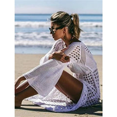 Hnewly  Tinaa White Crochet Maxi Cover-Ups Dresses for Women Spring Summer Hollow Out Long Sleeve Side Split Beach Dress