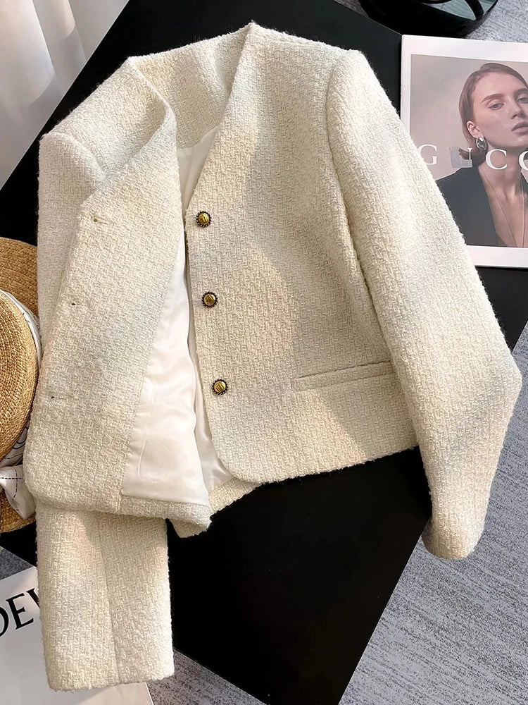 Hnewly  Slim Elegant Tweed Jacket Women Vintage Long Sleeve Sweet Short Coat French Casual Vintage Lady V Neck Single Breasted Tops