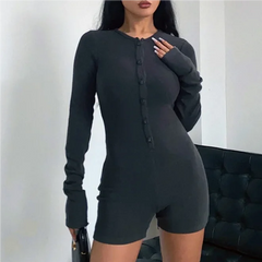 Hnewly  Sexy outfit women button up one pieces bodycon bodysuit long sleeve knitted black romper women Summer bodys mujer black