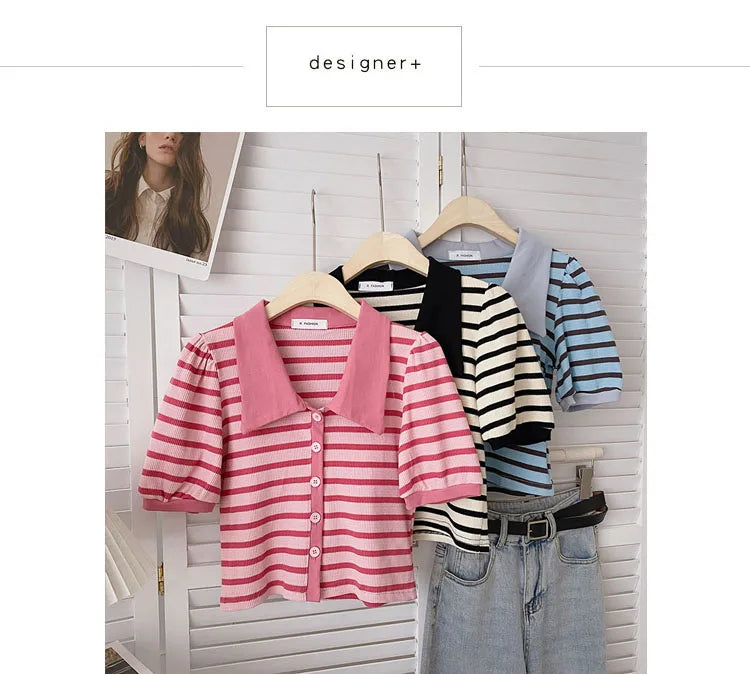 Hnewly Korean Contrast Stripe T-shirt Cardigan 2025 New Summer Women's Commuting Fashion Buttons Lapel Shirt Slim Versatile Top Trend