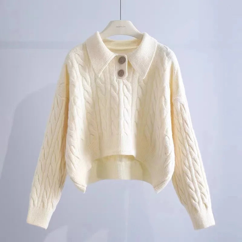 Hnewly  Polo Collar Knit Sweater Women Long Sleeve Button Front Boxy-fit Pullover Cable-knit Jumper Teen-girl Classic Preppy Outfit