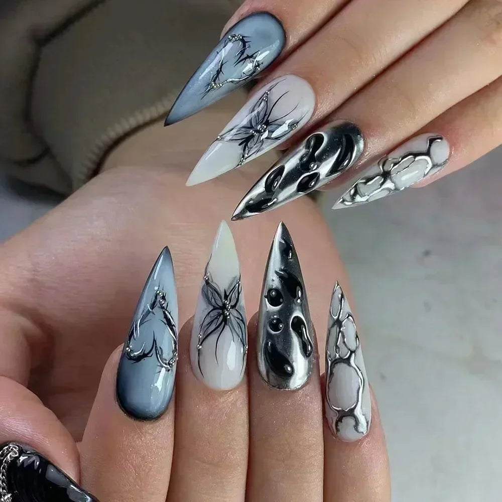 Hnewly 24Pcs French Almond False Nails Glitter with Rhinestones Wearable Fake Nails Artificial Simple Full Cover Press on Nails Tips