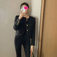 Hnewly  Autumn New Black Tweed Coat Women Korean Elegant O-neck Slim Fit Tops  Y2k Grunge Long Sleeve Jackets Mujer