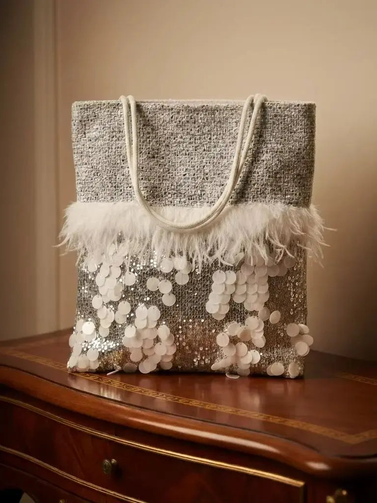 Hnewly  Luxury White Tweed Open Tote Bag Ostrich Feather Trim Large Sequin Patchwork Handbag Wedding Bridal Gift Party
