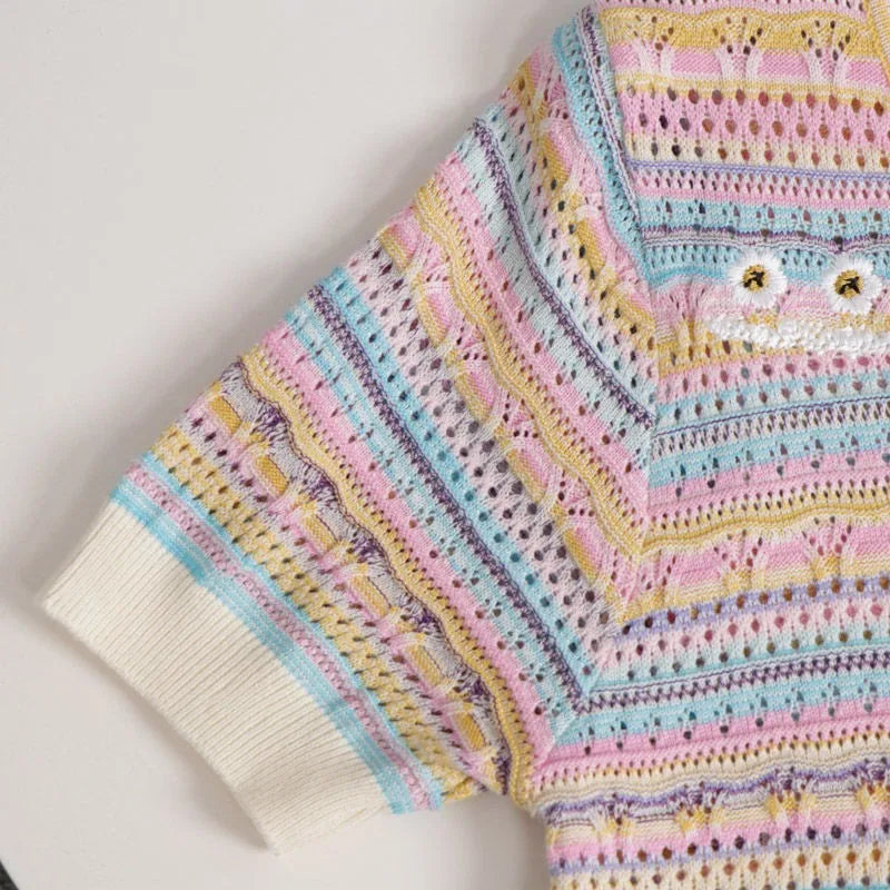 Hnewly Rainbow Striped Knitted Sweater For Women's 2025 Summer New  Thin Short Sleeved V-neck Hollow Out Holiday Sun Protection Top