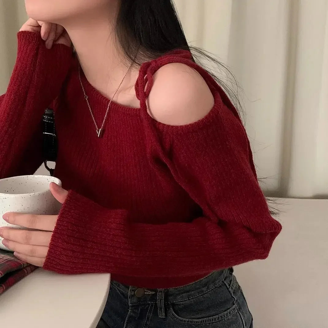 Hnewly Slanted Collar Tied Irregular Pullover Women's Long Sleeved Knitted Tops Autumn Winter Korean Fashion Red Retro Sweaters