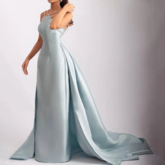 Hnewly  Sparkly Beaded Spaghetti Straps Blue Evening Dresses Satin Sleeveless Prom Dress Women Formal Occasion Wedding Party Gowns