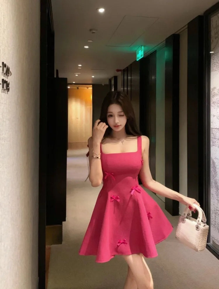 Hnewly  Woman Dress Sleeveless Bow Square Collar Summer Fashion Elegant Backless Vintage Sexy Mini Dresses Party Female