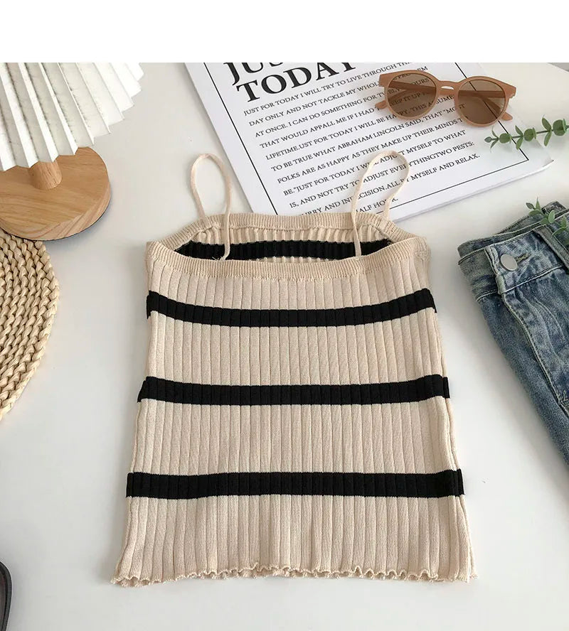 Hnewly  Women's Striped Knitting Cardigan Single Breasted Long Sleeved Sweater+Spaghetti Straps Vest Spring Autumn Korean Top 2pcs