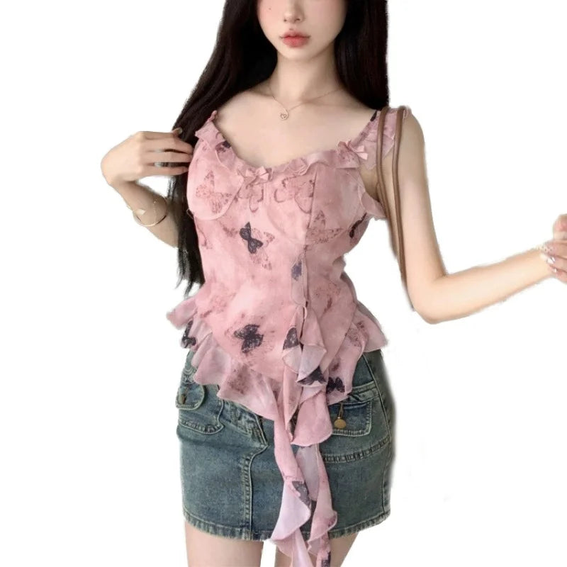 Hnewly summer inspo y2k Tank Top Women Fairycore Clothing Butterfly Print Ruffle V Neck Sleeveless Vest with Flower Choker 2000s Streetwear