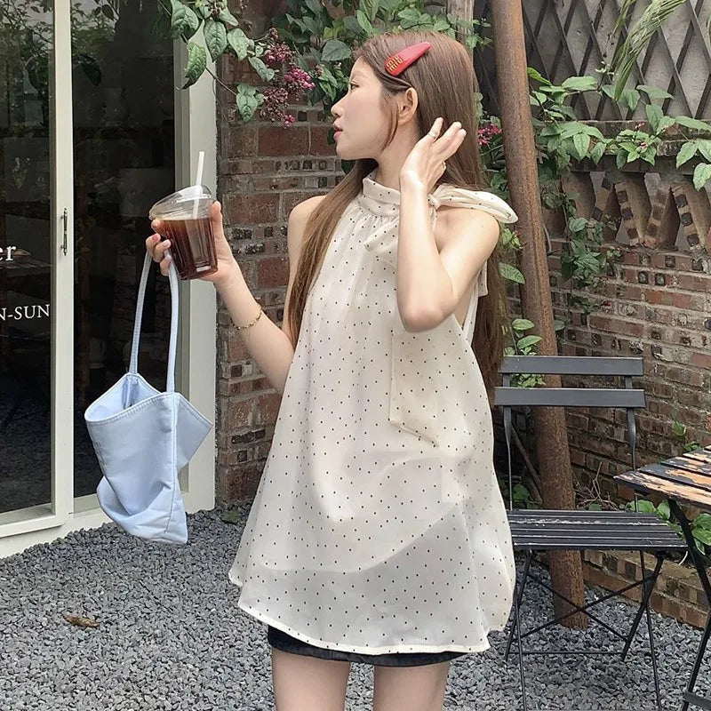 Hnewly  Bow Halter Lace Up Blouses Women Polka Dot Korean Tender Princess Style Sleeveless Tops Summer New Design Students Sweet Girls