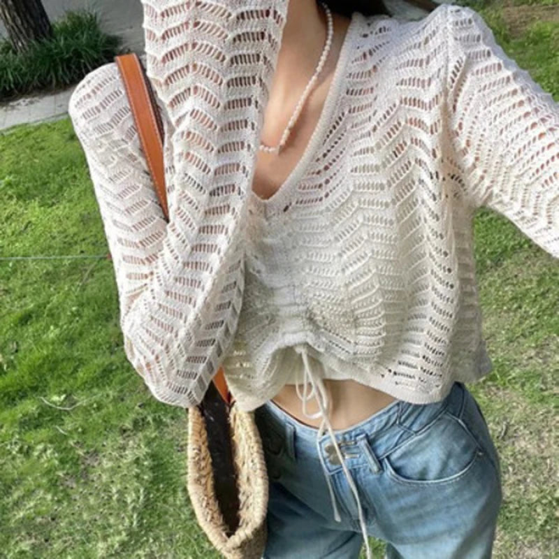 Hnewly  Drawstring Pointelle Knitted Top Pullovers Women Sweater Cover Up Top Hollow Out Crop Jumper Knitwear Autumn Winter Y2K Outfit