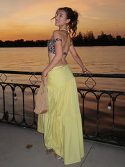 Hnewly  Flower 2 Piece Set Women Sexy Backless Leopard Print Slash Neck Tops+Pleated Long Skirts Matching Clubwear Outfits