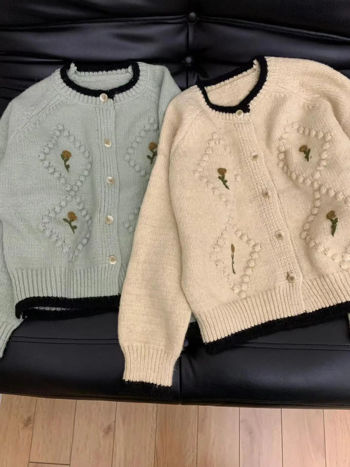 Hnewly  French Flower Embroidery Sweater Sweet Spring Autumn Contrasting Color O-neck Knitted Cardigan Women Long Sleeved Loose Jacket