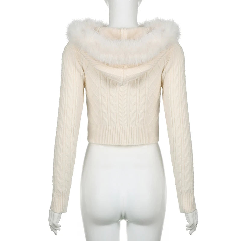 Hnewly trashy outfits Beige Furry Trim Hooded Cropped Sweater Cardigan Women Long Sleeve Zipper Outerwear Autumn Winter Coat Coquette Korean