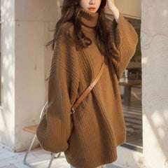 Hnewly  Oversized Turtleneck Sweater Women Loose Plain Rolled Neck Jumper Knit Pullovers Loose Soft Knitwear Autumn Winter Outfit