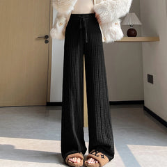 Hnewly  Solid Color Knitted Jacquard Pants Women Drawstring High Waist Trousers Woman Casual Elastic Waist Wide Leg Pants Mujer