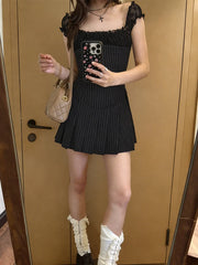 Hnewly  Retro American Sweet Cool Spicy Girl Stripe Dress Women's Spring New Design Waist in A-Line Short Skirt Casual Fit Type